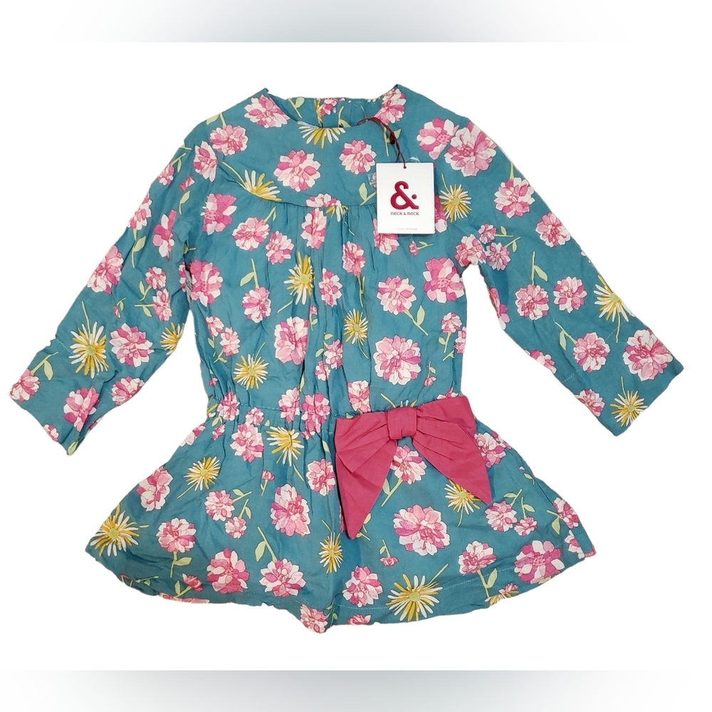 Neck & Neck Girls 18-24 Months Drop Waist Floral Bow Dress Lined Blue Pink Top